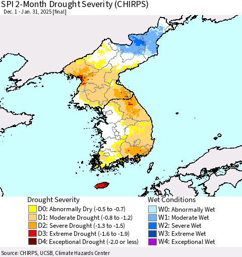 Korea SPI 2-Month Drought Severity (CHIRPS) Thematic Map For 12/1/2024 - 1/31/2025