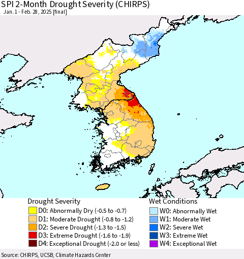Korea SPI 2-Month Drought Severity (CHIRPS) Thematic Map For 1/1/2025 - 2/28/2025