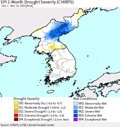 Korea SPI 2-Month Drought Severity (CHIRPS) Thematic Map For 2/1/2025 - 3/31/2025