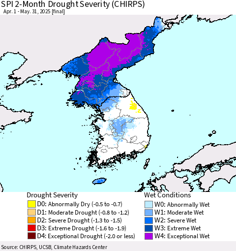 Korea SPI 2-Month Drought Severity (CHIRPS) Thematic Map For 4/1/2025 - 5/31/2025