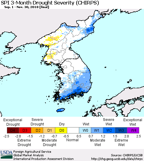 Korea SPI 3-Month Drought Severity (CHIRPS) Thematic Map For 9/1/2018 - 11/30/2018