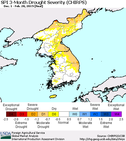 Korea SPI 3-Month Drought Severity (CHIRPS) Thematic Map For 12/1/2018 - 2/28/2019