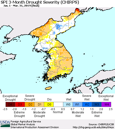 Korea SPI 3-Month Drought Severity (CHIRPS) Thematic Map For 1/1/2019 - 3/31/2019
