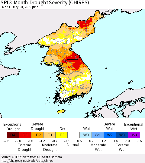 Korea SPI 3-Month Drought Severity (CHIRPS) Thematic Map For 3/1/2019 - 5/31/2019