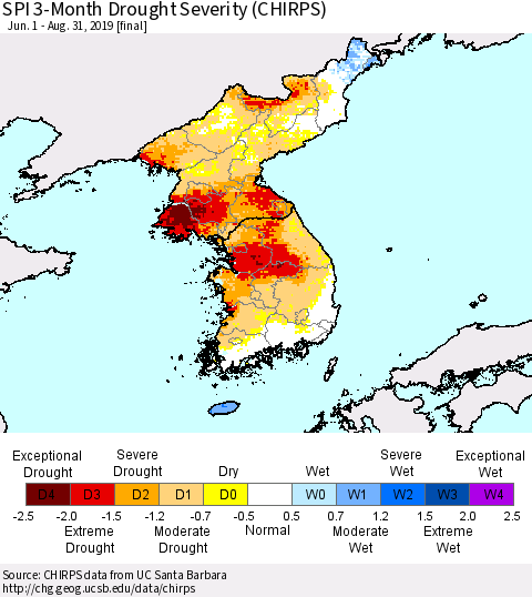 Korea SPI 3-Month Drought Severity (CHIRPS) Thematic Map For 6/1/2019 - 8/31/2019