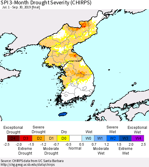 Korea SPI 3-Month Drought Severity (CHIRPS) Thematic Map For 7/1/2019 - 9/30/2019