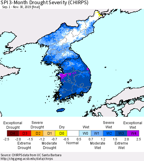 Korea SPI 3-Month Drought Severity (CHIRPS) Thematic Map For 9/1/2019 - 11/30/2019