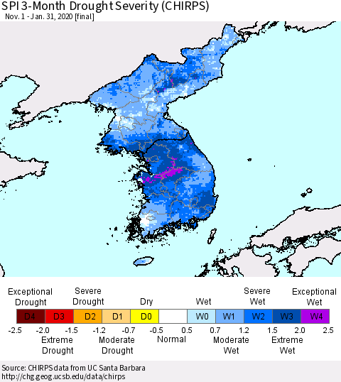 Korea SPI 3-Month Drought Severity (CHIRPS) Thematic Map For 11/1/2019 - 1/31/2020