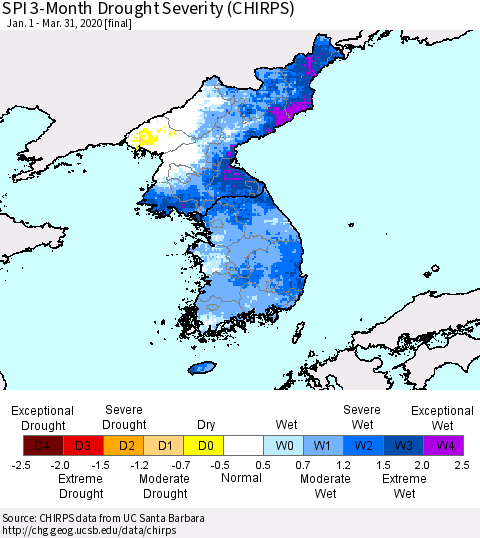 Korea SPI 3-Month Drought Severity (CHIRPS) Thematic Map For 1/1/2020 - 3/31/2020