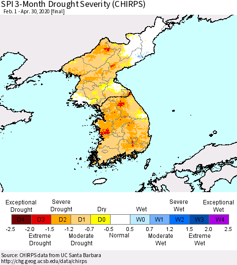 Korea SPI 3-Month Drought Severity (CHIRPS) Thematic Map For 2/1/2020 - 4/30/2020