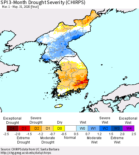 Korea SPI 3-Month Drought Severity (CHIRPS) Thematic Map For 3/1/2020 - 5/31/2020