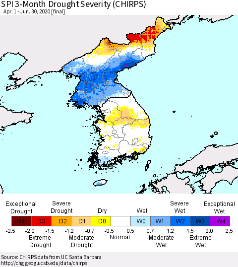 Korea SPI 3-Month Drought Severity (CHIRPS) Thematic Map For 4/1/2020 - 6/30/2020