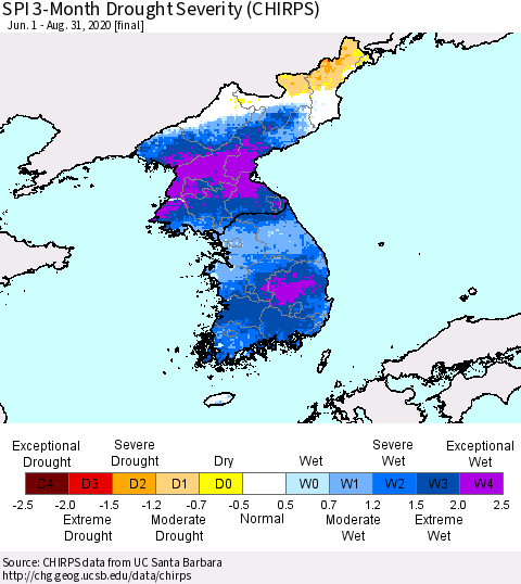 Korea SPI 3-Month Drought Severity (CHIRPS) Thematic Map For 6/1/2020 - 8/31/2020