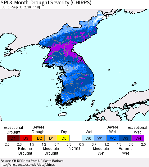 Korea SPI 3-Month Drought Severity (CHIRPS) Thematic Map For 7/1/2020 - 9/30/2020