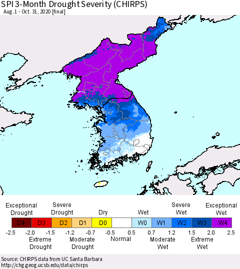 Korea SPI 3-Month Drought Severity (CHIRPS) Thematic Map For 8/1/2020 - 10/31/2020