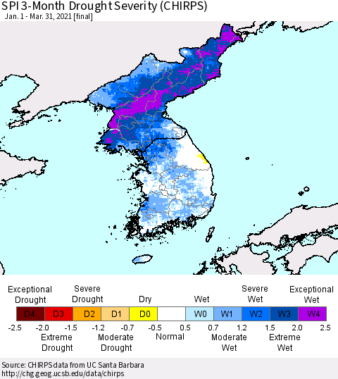 Korea SPI 3-Month Drought Severity (CHIRPS) Thematic Map For 1/1/2021 - 3/31/2021