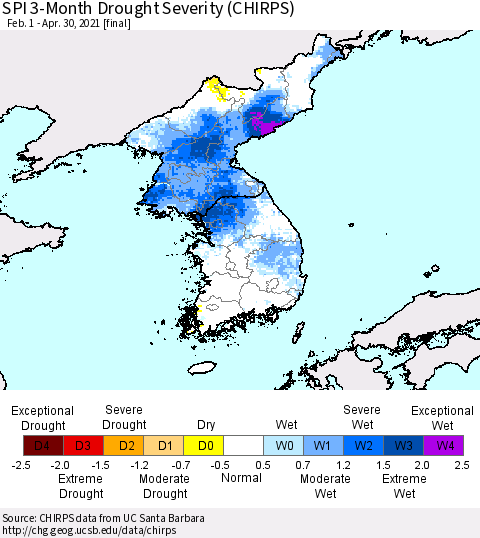 Korea SPI 3-Month Drought Severity (CHIRPS) Thematic Map For 2/1/2021 - 4/30/2021