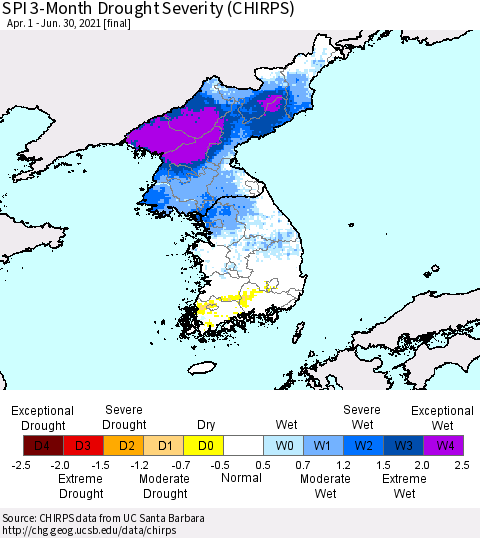 Korea SPI 3-Month Drought Severity (CHIRPS) Thematic Map For 4/1/2021 - 6/30/2021