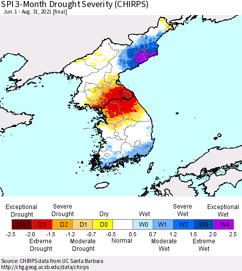 Korea SPI 3-Month Drought Severity (CHIRPS) Thematic Map For 6/1/2021 - 8/31/2021