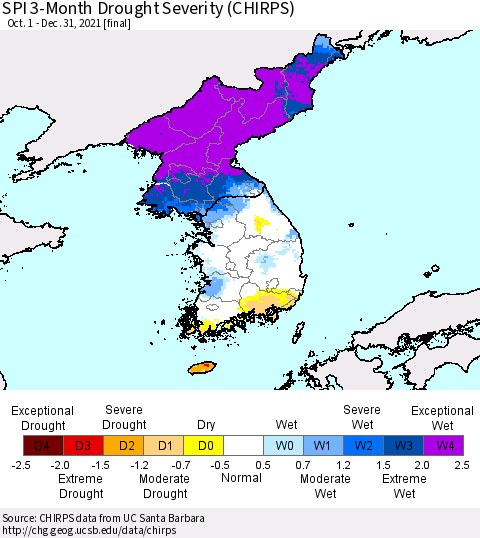 Korea SPI 3-Month Drought Severity (CHIRPS) Thematic Map For 10/1/2021 - 12/31/2021