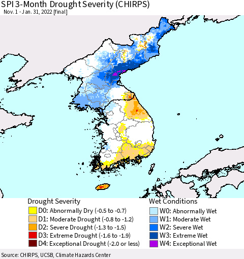 Korea SPI 3-Month Drought Severity (CHIRPS) Thematic Map For 11/1/2021 - 1/31/2022