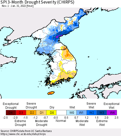 Korea SPI 3-Month Drought Severity (CHIRPS) Thematic Map For 11/1/2021 - 1/31/2022