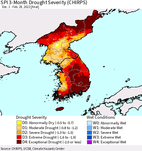 Korea SPI 3-Month Drought Severity (CHIRPS) Thematic Map For 12/1/2021 - 2/28/2022