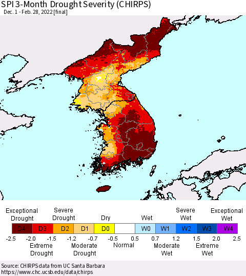 Korea SPI 3-Month Drought Severity (CHIRPS) Thematic Map For 12/1/2021 - 2/28/2022
