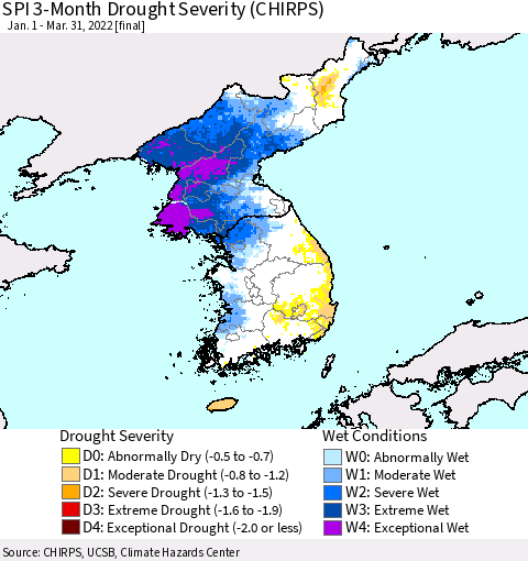 Korea SPI 3-Month Drought Severity (CHIRPS) Thematic Map For 1/1/2022 - 3/31/2022