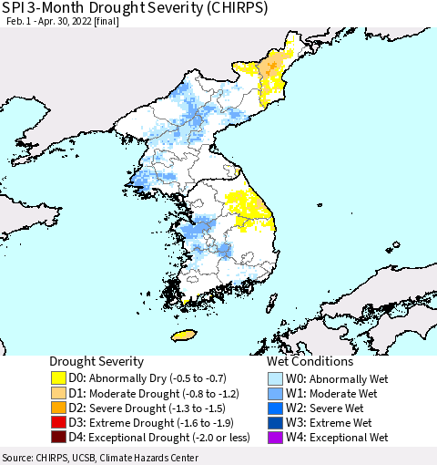 Korea SPI 3-Month Drought Severity (CHIRPS) Thematic Map For 2/1/2022 - 4/30/2022