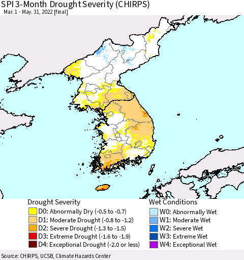 Korea SPI 3-Month Drought Severity (CHIRPS) Thematic Map For 3/1/2022 - 5/31/2022