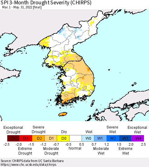 Korea SPI 3-Month Drought Severity (CHIRPS) Thematic Map For 3/1/2022 - 5/31/2022