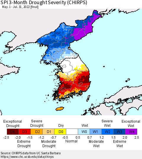Korea SPI 3-Month Drought Severity (CHIRPS) Thematic Map For 5/1/2022 - 7/31/2022