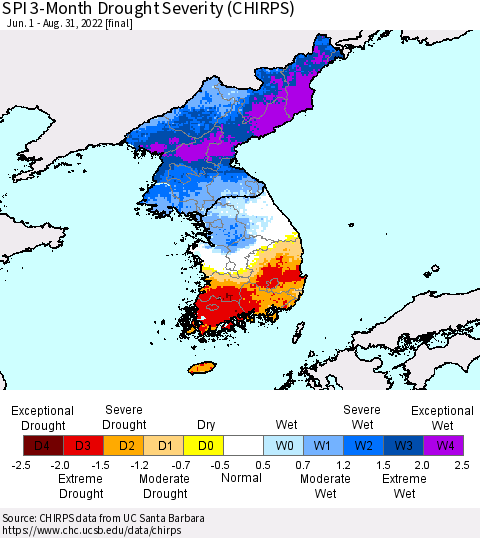 Korea SPI 3-Month Drought Severity (CHIRPS) Thematic Map For 6/1/2022 - 8/31/2022