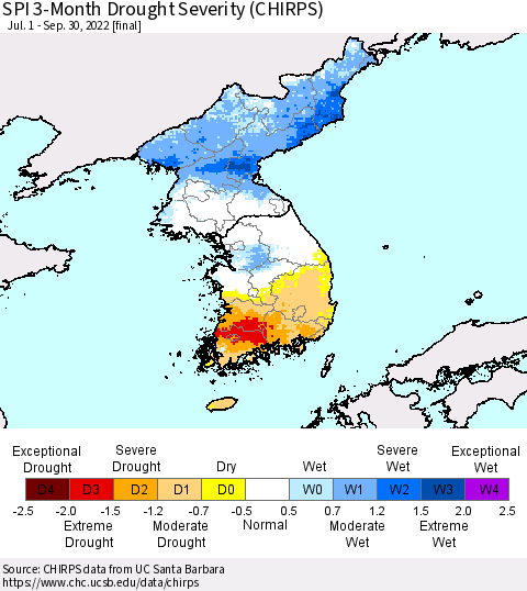 Korea SPI 3-Month Drought Severity (CHIRPS) Thematic Map For 7/1/2022 - 9/30/2022