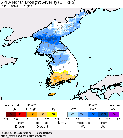 Korea SPI 3-Month Drought Severity (CHIRPS) Thematic Map For 8/1/2022 - 10/31/2022