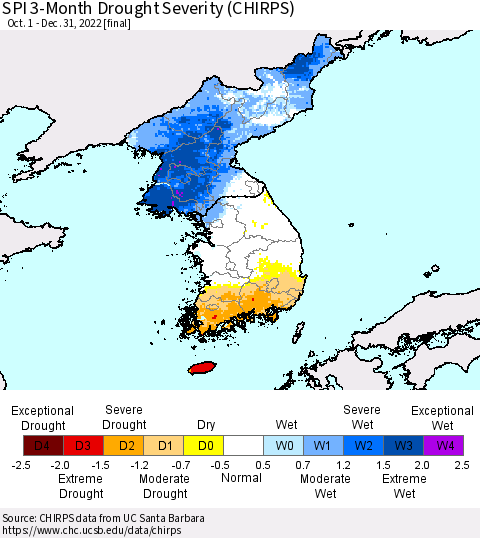 Korea SPI 3-Month Drought Severity (CHIRPS) Thematic Map For 10/1/2022 - 12/31/2022