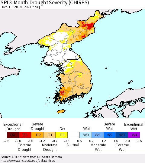Korea SPI 3-Month Drought Severity (CHIRPS) Thematic Map For 12/1/2022 - 2/28/2023