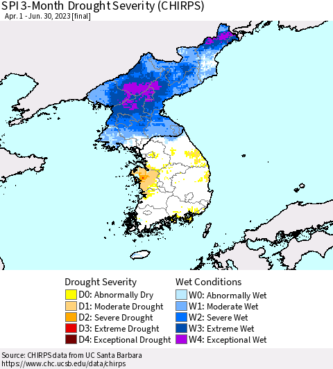 Korea SPI 3-Month Drought Severity (CHIRPS) Thematic Map For 4/1/2023 - 6/30/2023