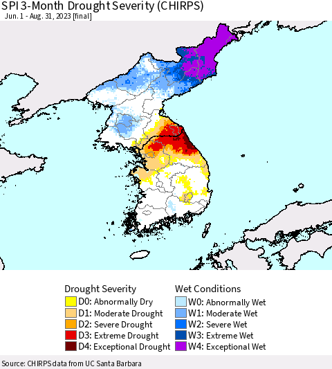 Korea SPI 3-Month Drought Severity (CHIRPS) Thematic Map For 6/1/2023 - 8/31/2023