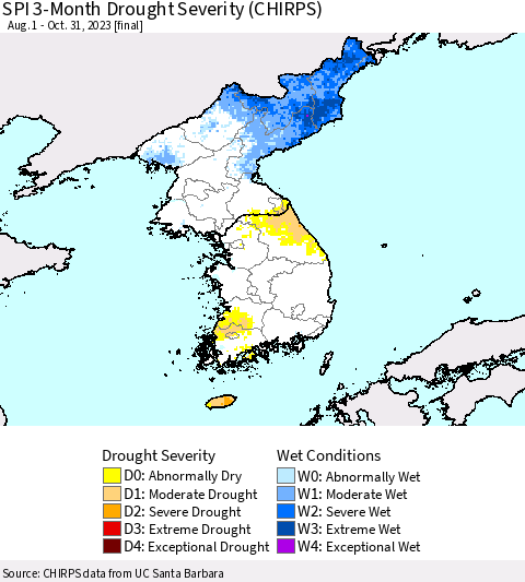 Korea SPI 3-Month Drought Severity (CHIRPS) Thematic Map For 8/1/2023 - 10/31/2023