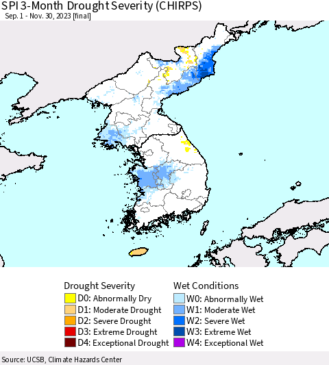 Korea SPI 3-Month Drought Severity (CHIRPS) Thematic Map For 9/1/2023 - 11/30/2023