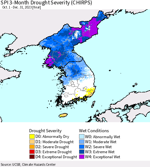 Korea SPI 3-Month Drought Severity (CHIRPS) Thematic Map For 10/1/2023 - 12/31/2023