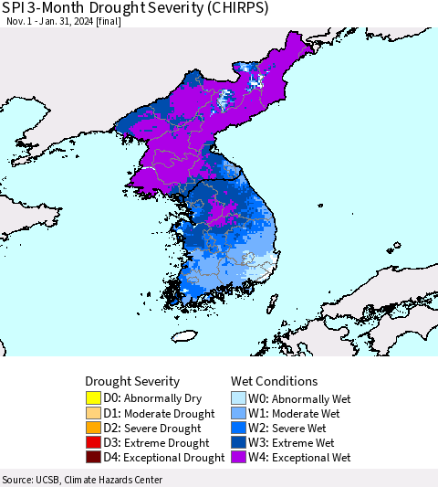 Korea SPI 3-Month Drought Severity (CHIRPS) Thematic Map For 11/1/2023 - 1/31/2024