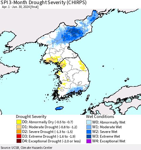 Korea SPI 3-Month Drought Severity (CHIRPS) Thematic Map For 4/1/2024 - 6/30/2024