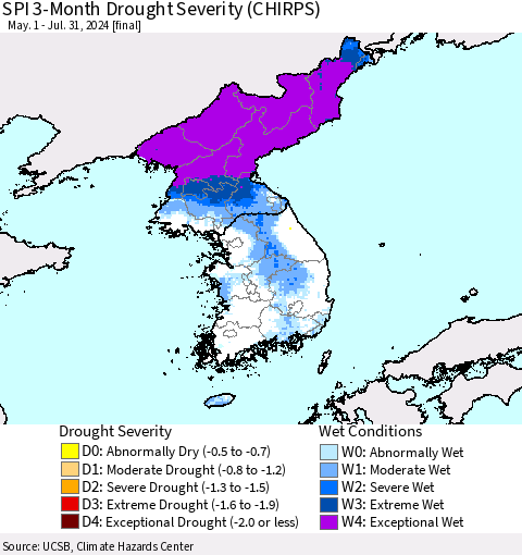 Korea SPI 3-Month Drought Severity (CHIRPS) Thematic Map For 5/1/2024 - 7/31/2024