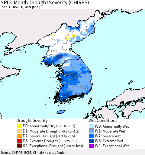 Korea SPI 3-Month Drought Severity (CHIRPS) Thematic Map For 9/1/2024 - 11/30/2024