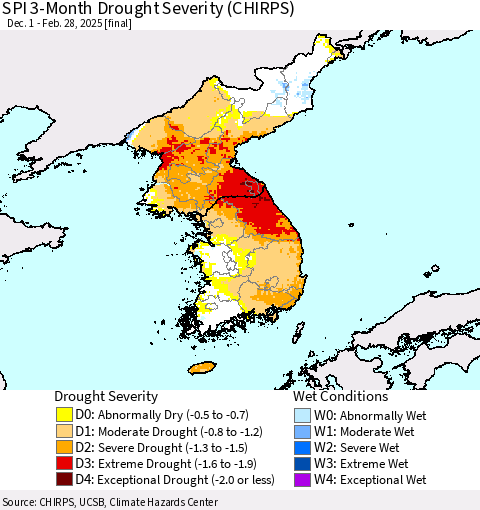 Korea SPI 3-Month Drought Severity (CHIRPS) Thematic Map For 12/1/2024 - 2/28/2025