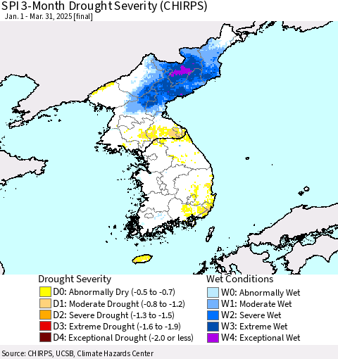 Korea SPI 3-Month Drought Severity (CHIRPS) Thematic Map For 1/1/2025 - 3/31/2025