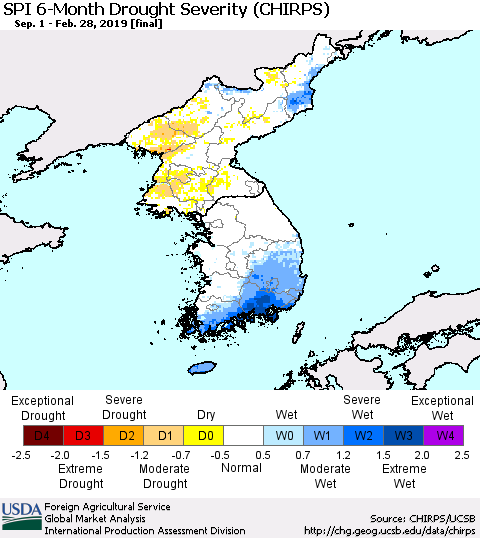Korea SPI 6-Month Drought Severity (CHIRPS) Thematic Map For 9/1/2018 - 2/28/2019